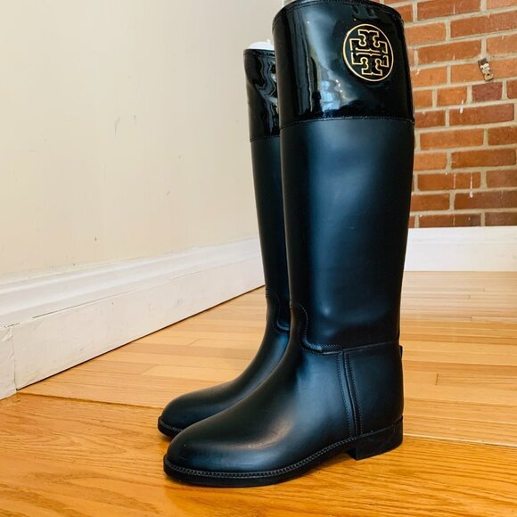 TORY BURCH Black Rain Riding Boots Boots AIGLE Women’s Size 7 B - Picture 2 of 16